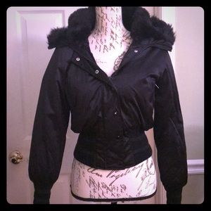 Bebe sport short coat with fur hood.